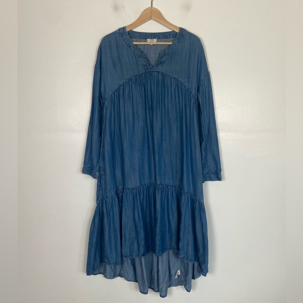 Crown & Ivy Chambray Tiered Denim Midi Dress Size M Blue High Low Long Sleeve